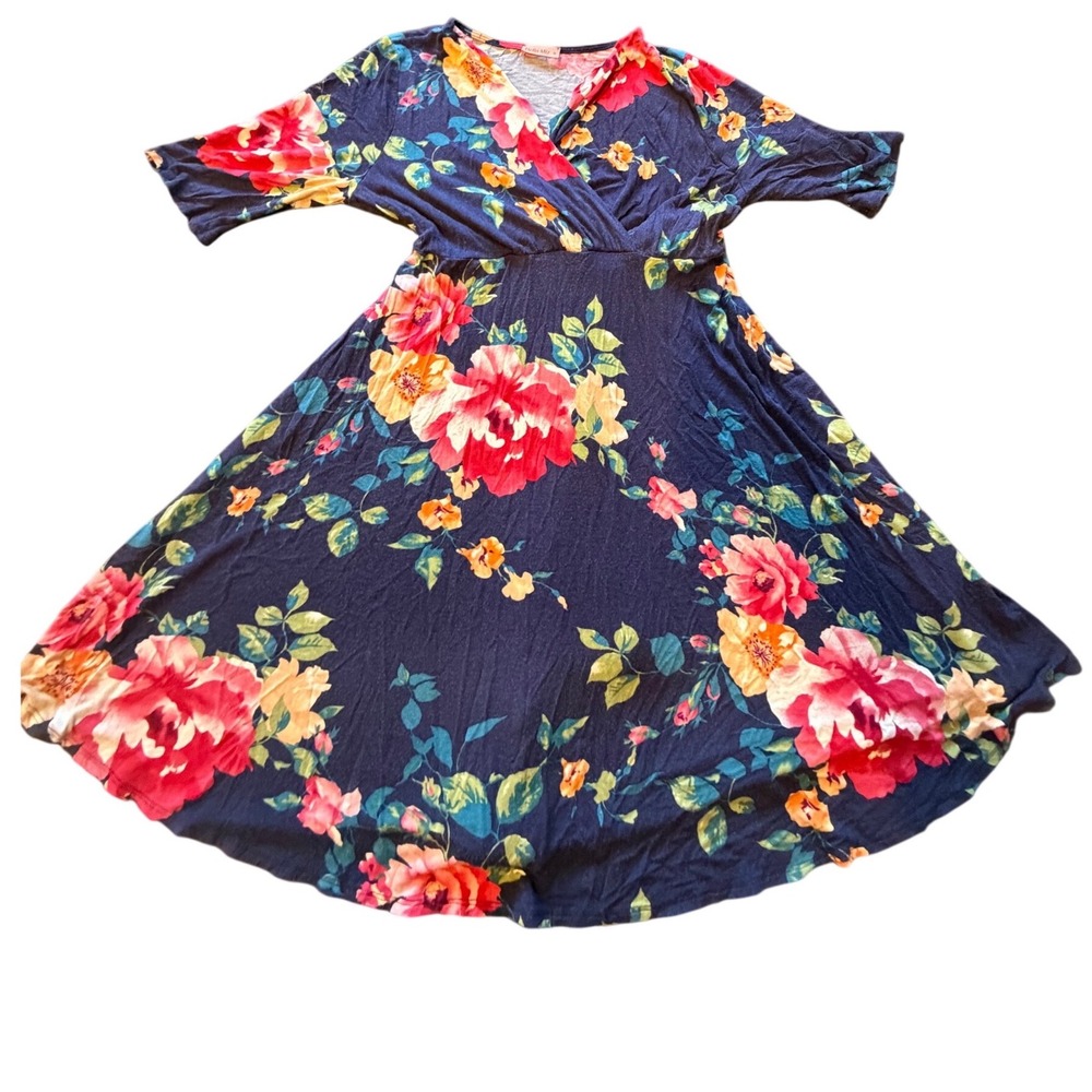 Hello Miz Floral Maternity Dress XL Navy Blue Pink Rose Wrap Neck Back Tie